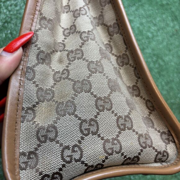 Gucci GG Monogram Shoulder Bag Vintage Brown Gold Canvas Leather Authentic - Picture 11 of 13